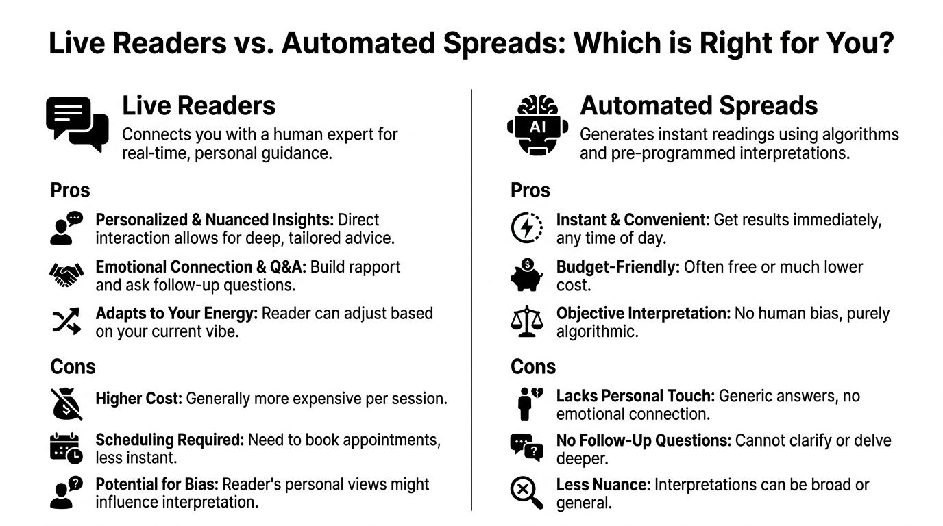 A comparison chart outlining the pros and cons of choosing live tarot readers versus automated spread generators.