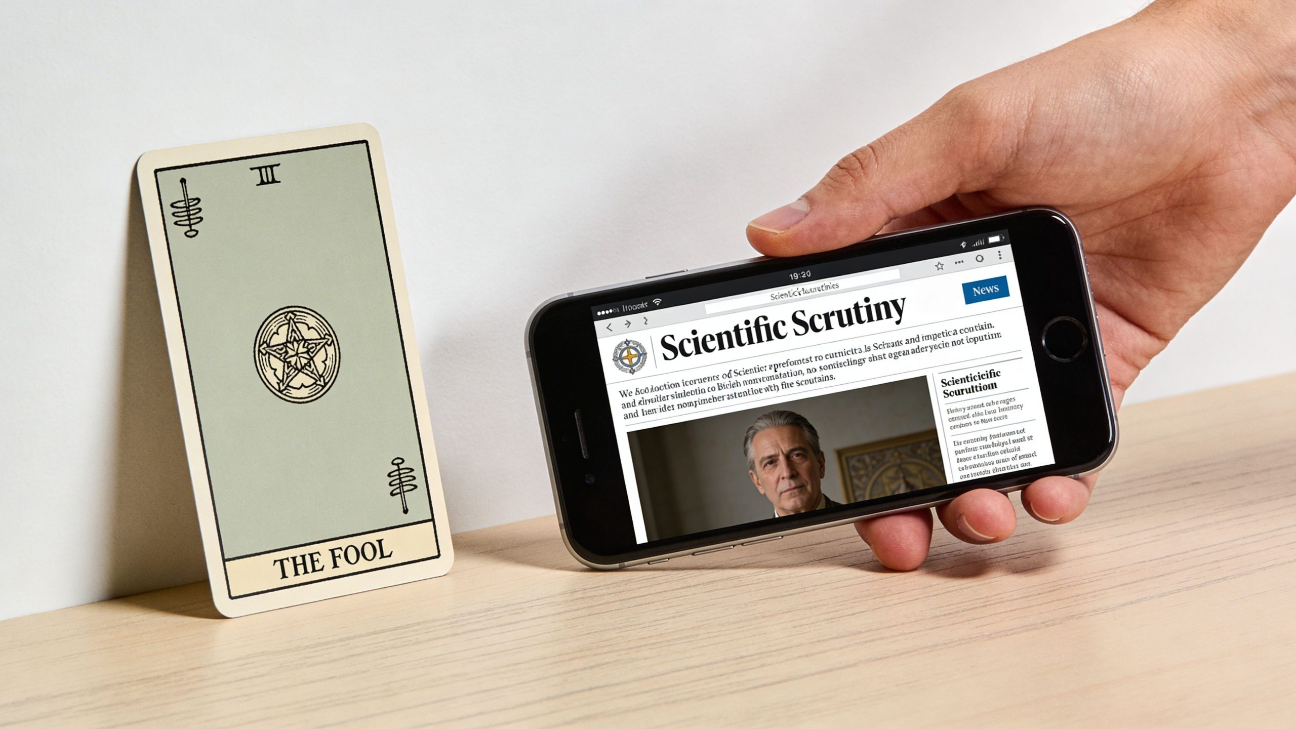 A tarot card titled The Fool placed next to a smartphone displaying a scientific news website article.