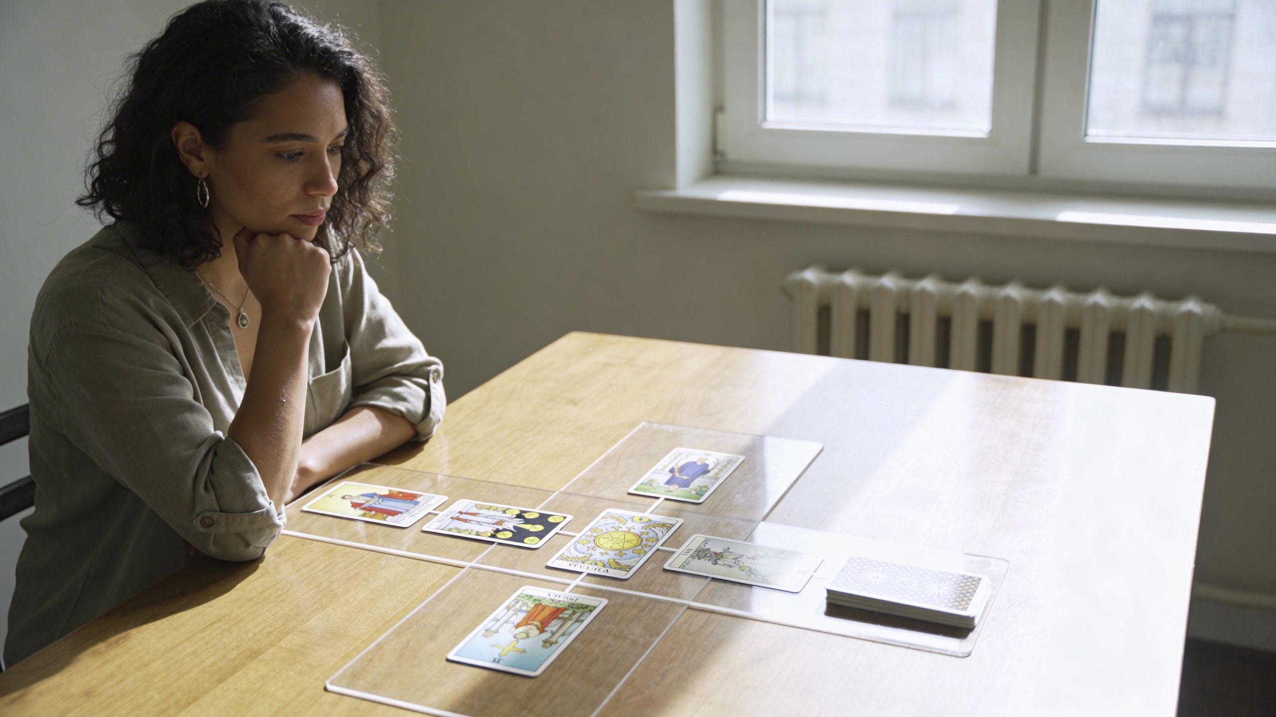 A woman sits thoughtfully at a wooden table looking down at tarot cards laid out for a reading.