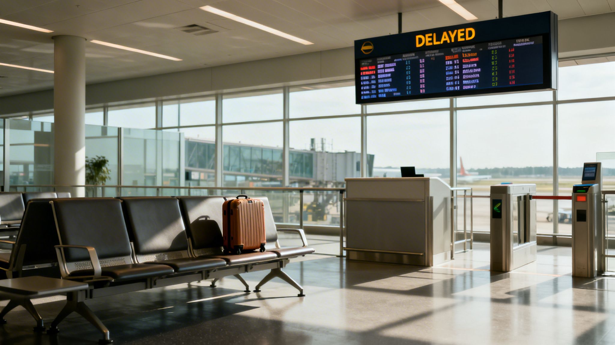 Empty airport gate with a prominent 'DELAYED' sign, a suitcase on seats, and an airplane outside.