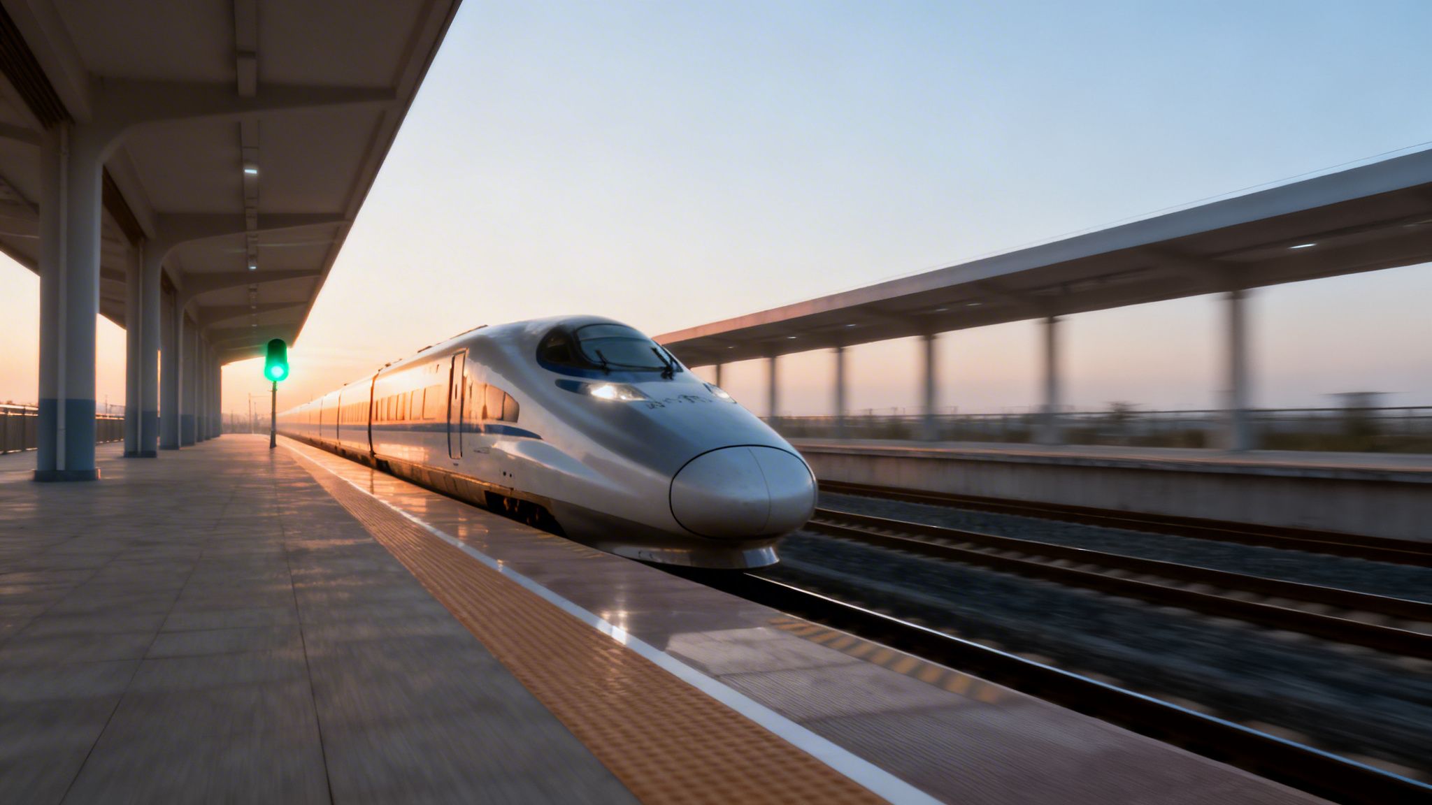 A sleek silver high-speed bullet train at a station platform with a green signal light at sunset.