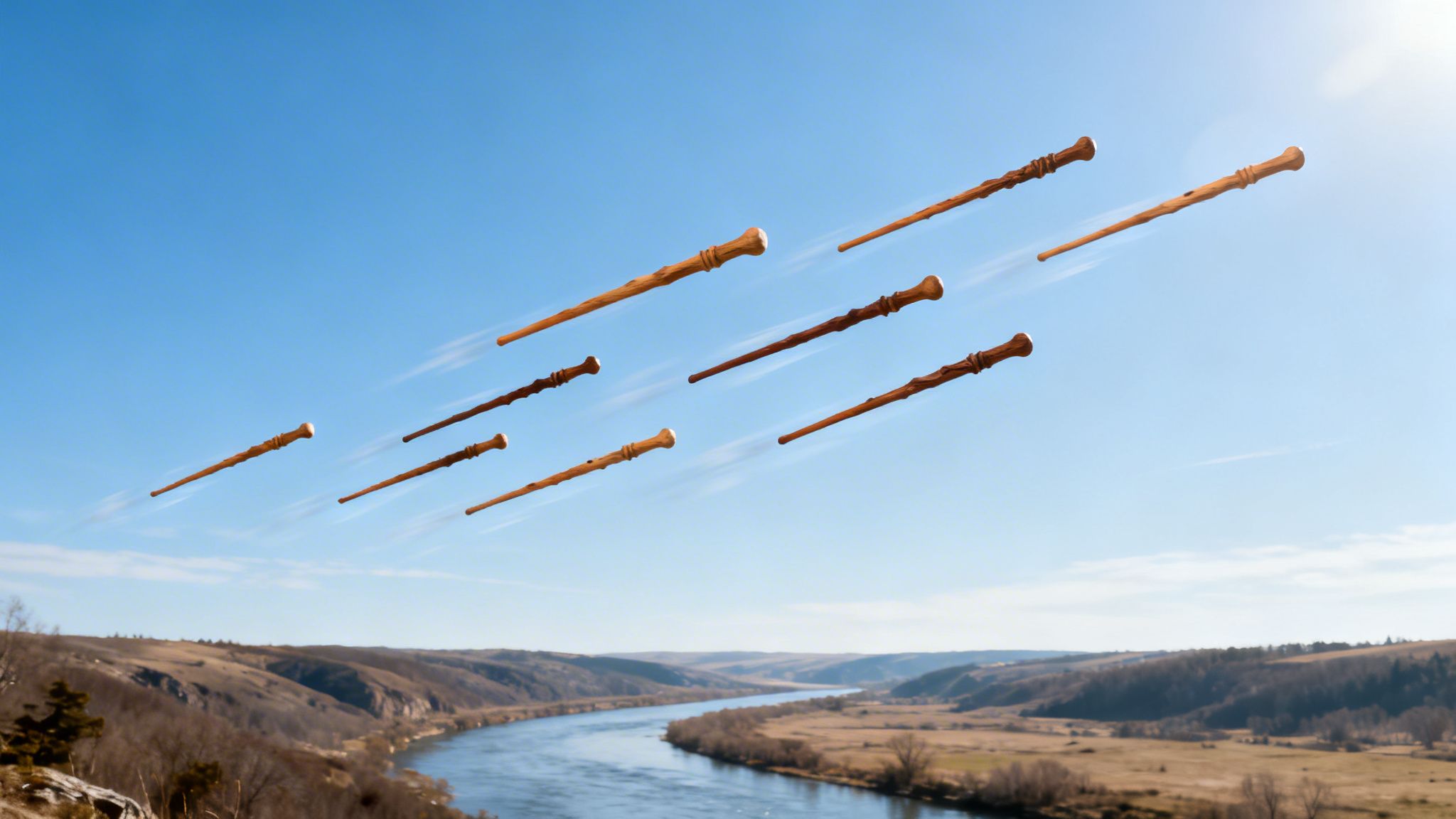 Eight wooden wands with motion blur flying through a blue sky above a river valley.