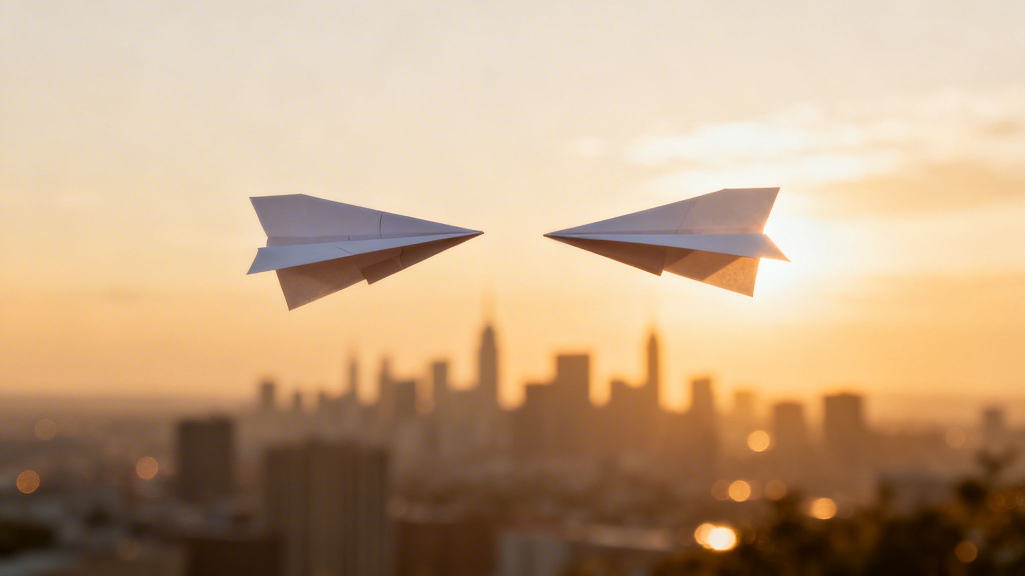 Two white paper airplanes soar above a blurred city skyline at golden sunset.