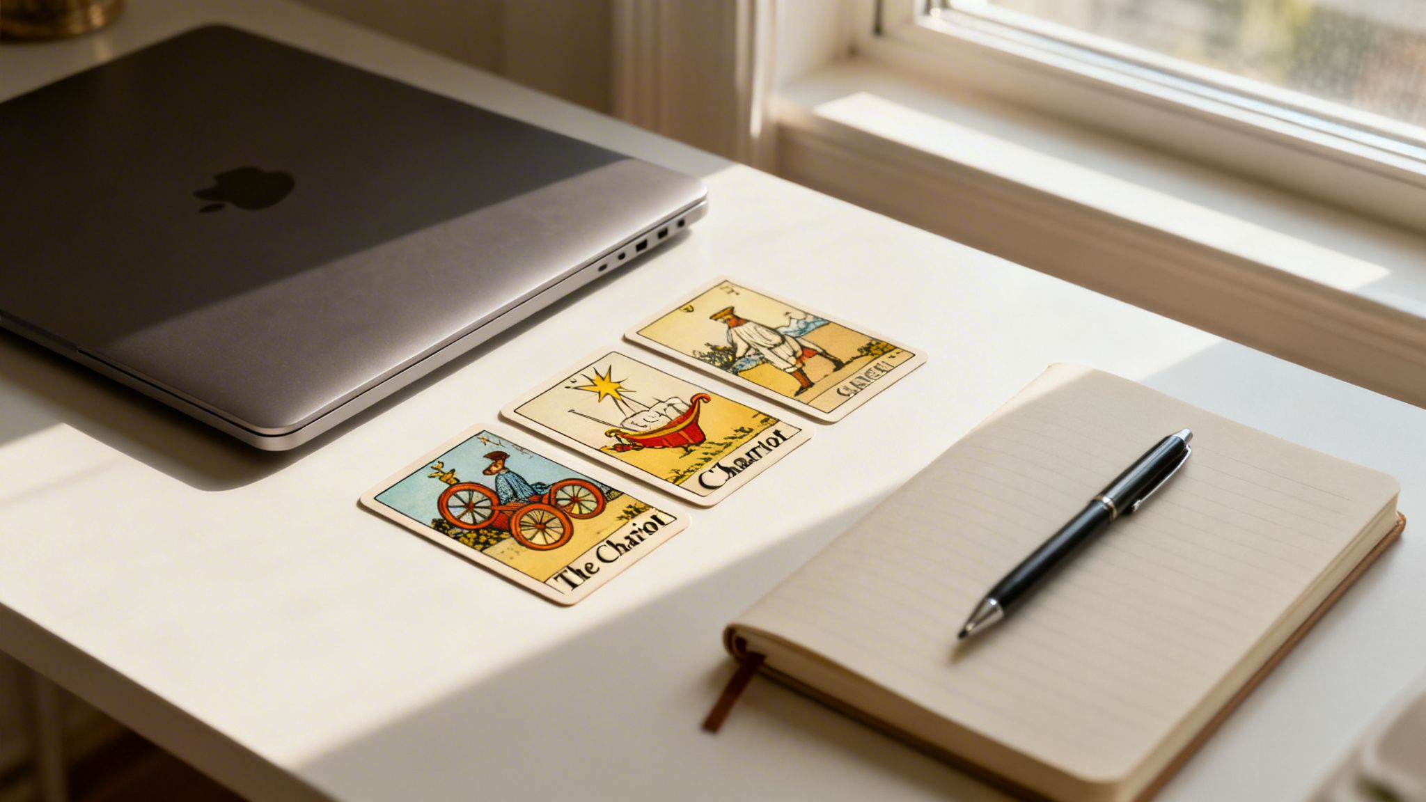 A minimalist desk setup with a closed laptop, three Chariot tarot cards, a notebook, and a pen.