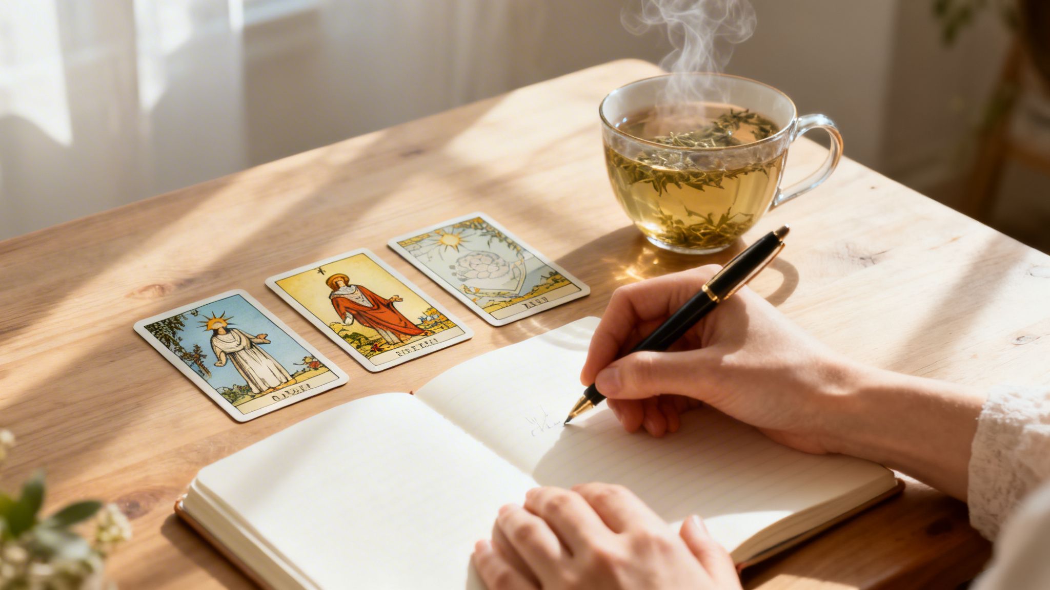 A person writing in a journal, with tarot cards and a steaming cup of tea on a sunny wooden table.