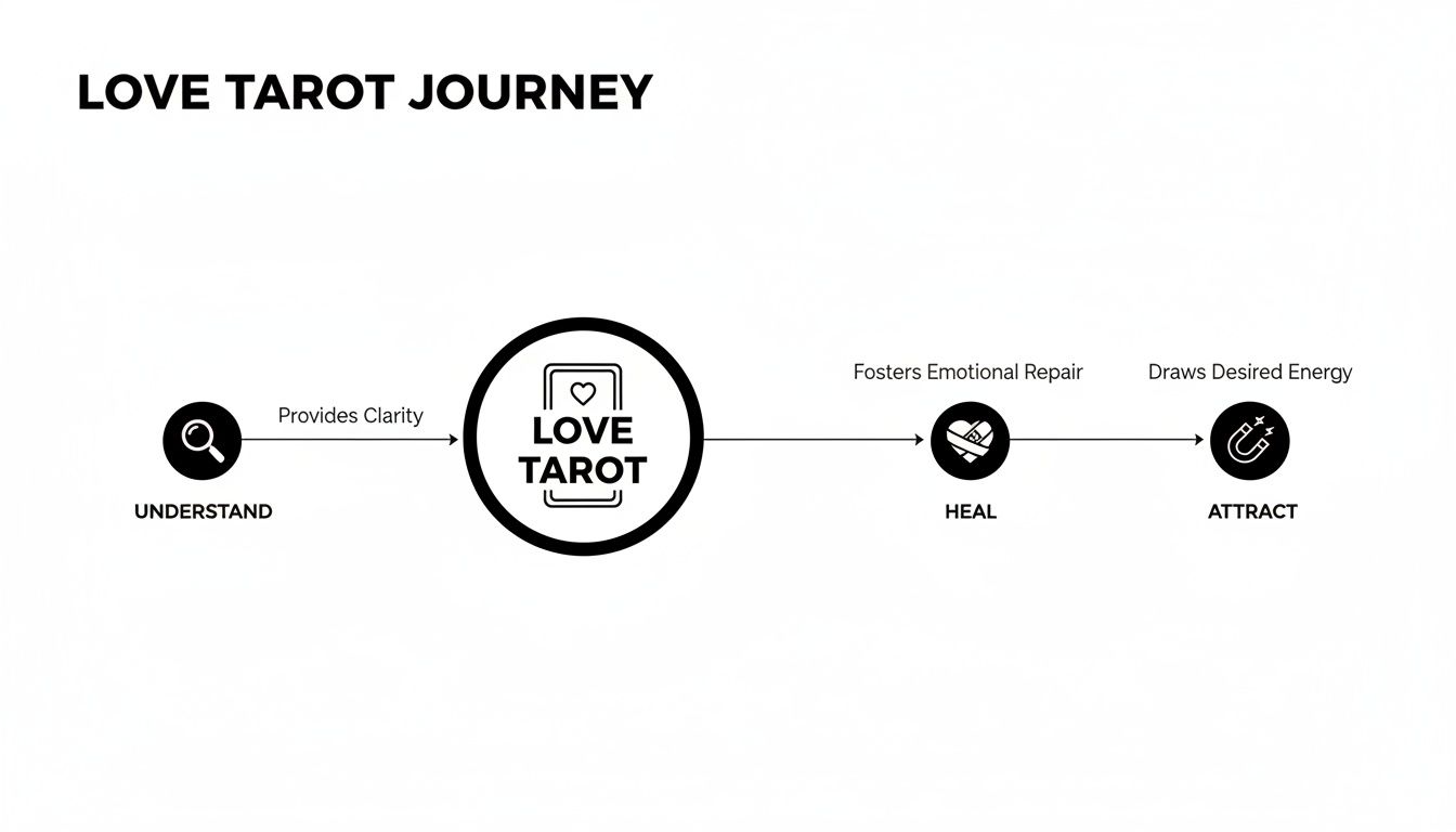 Flowchart illustrating a Love Tarot journey: Understand, Love Tarot (provides clarity), Heal (fosters emotional repair), and Attract (draws desired energy).