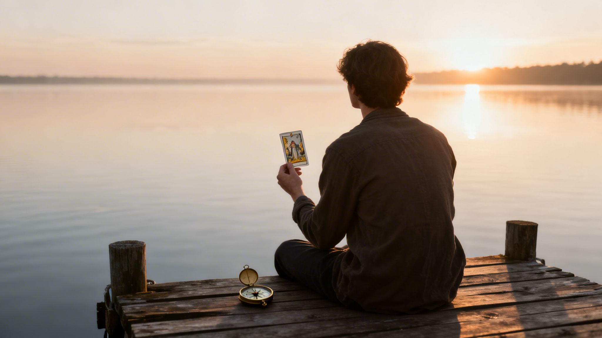 A person sits on a wooden dock by a calm lake at sunset, holding a tarot card and looking into the distance.