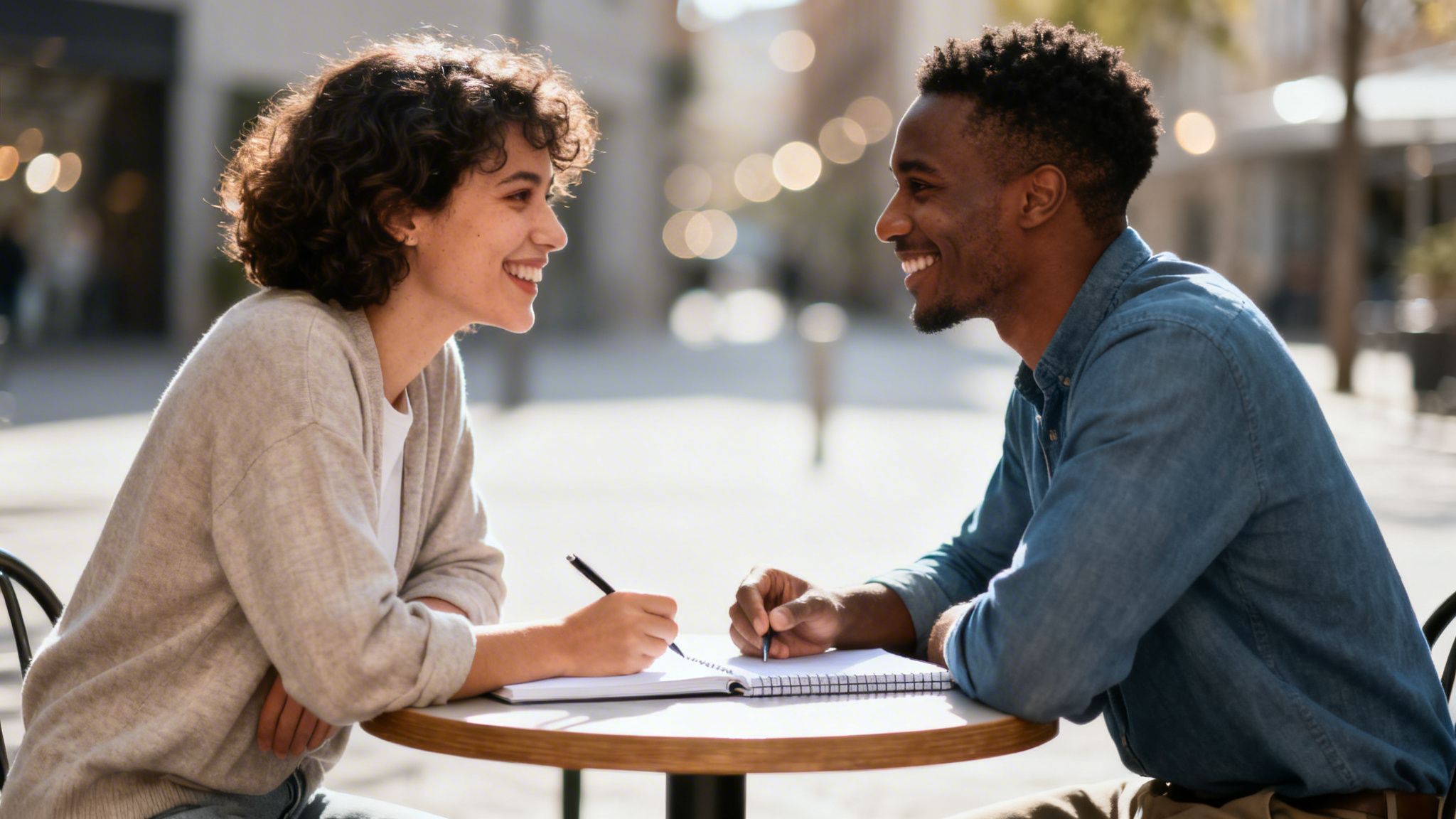 A smiling diverse couple studies or works together at an outdoor cafe.