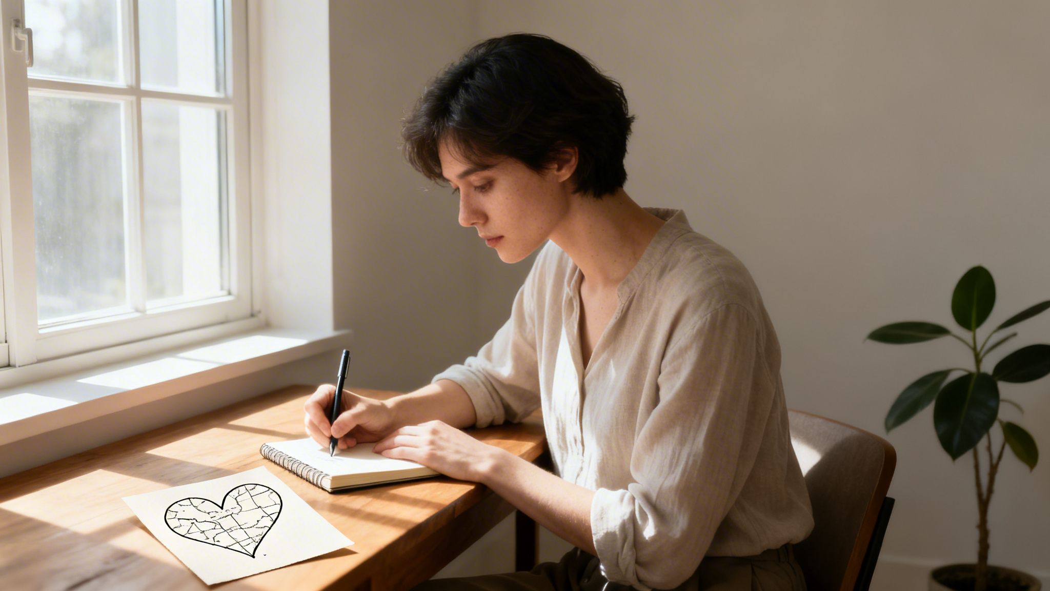 A young person writing thoughtfully in a notebook at a desk next to a window, with a heart-shaped map.