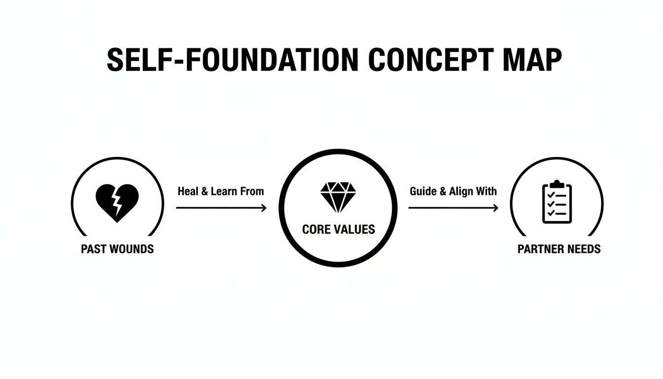 A self-foundation concept map illustrating the journey from past wounds to core values and partner needs.