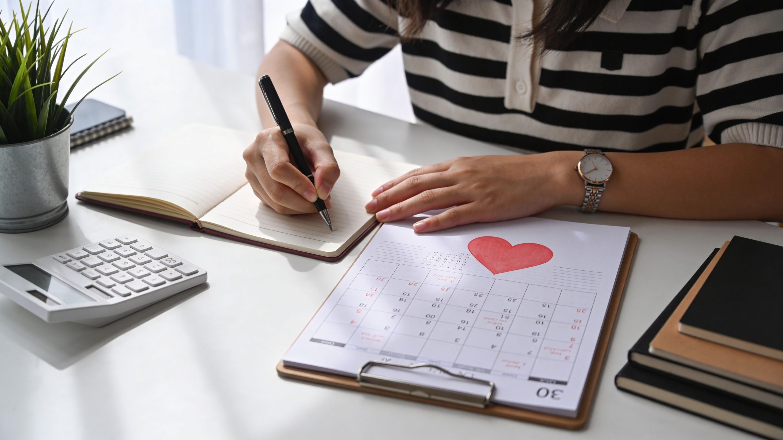 A person writing in a notebook while looking at a calendar with a red heart drawing on it.