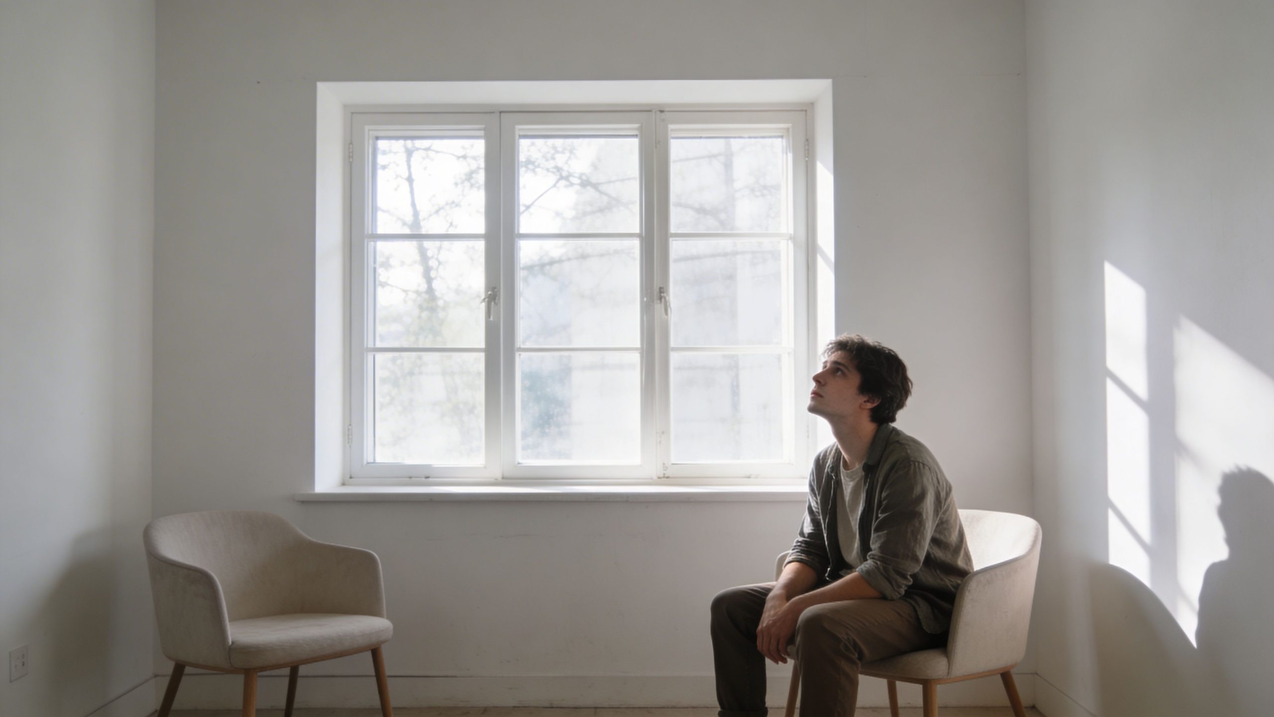 A young man sitting on a chair in a bright, minimalist room, looking up towards the window.