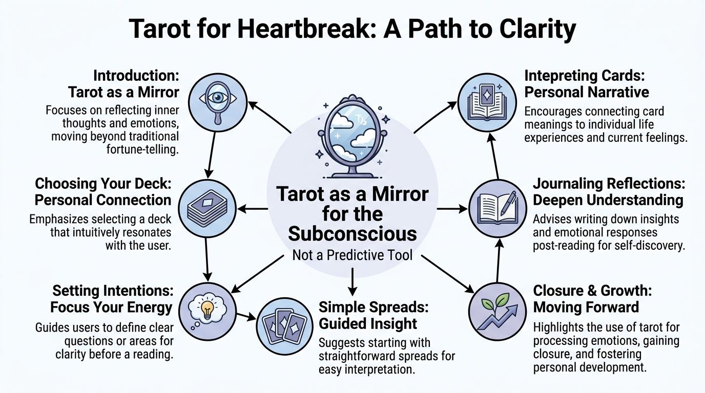 A diagram outlining steps to use tarot as a reflective tool to help navigate through heartbreak.