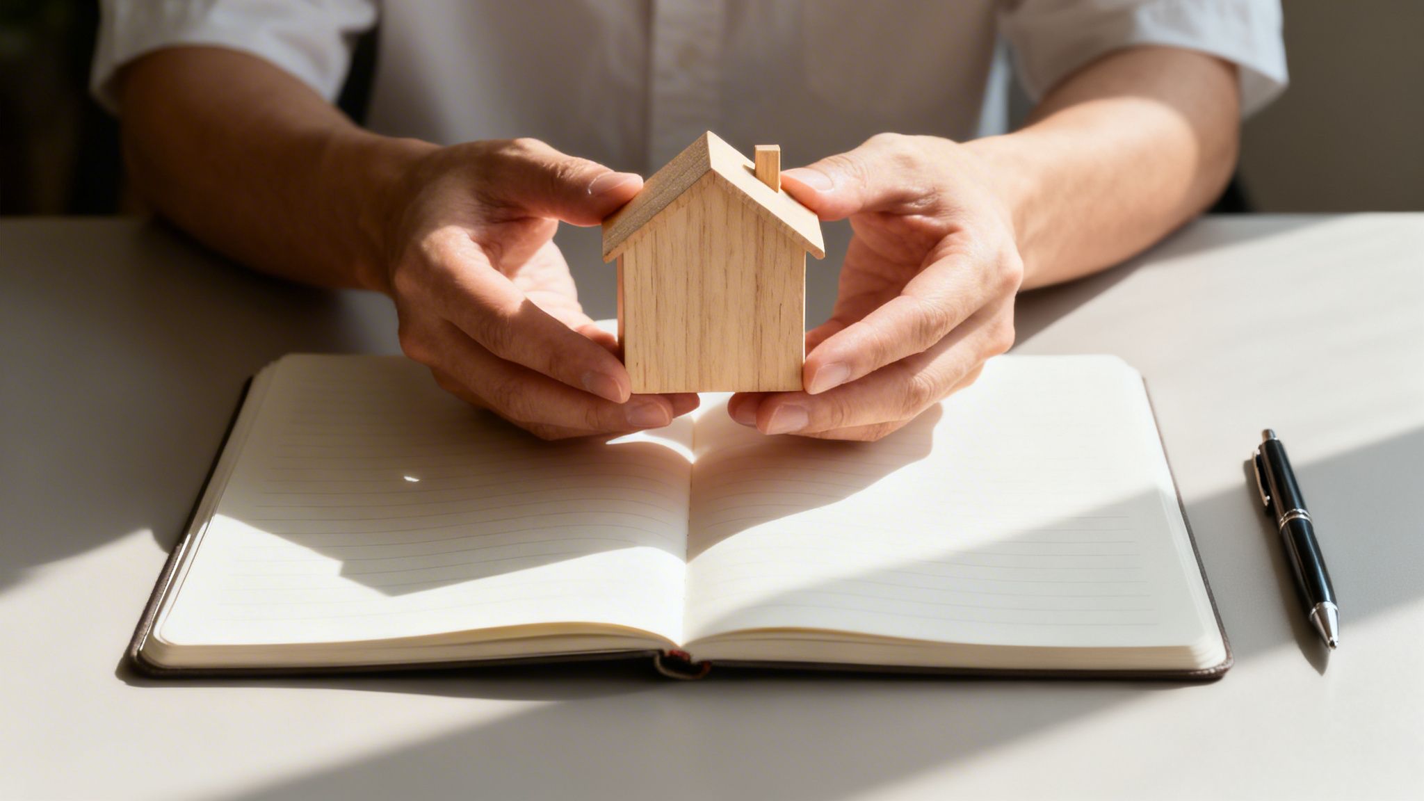 A person holding a small wooden house model over an open notebook, symbolizing home planning and real estate.
