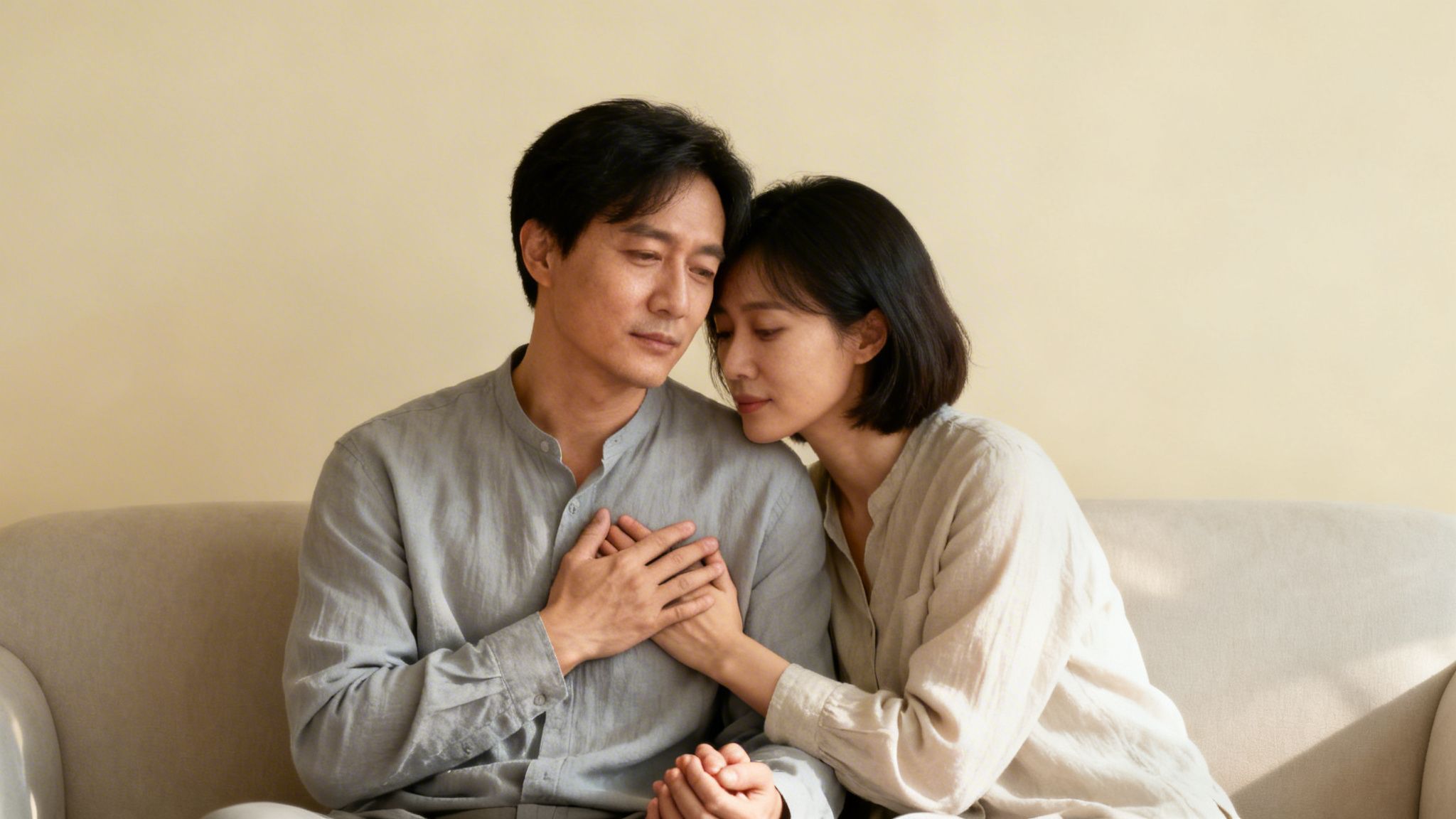 A supportive Asian couple sitting on a couch, sharing a tender and intimate moment of comfort.
