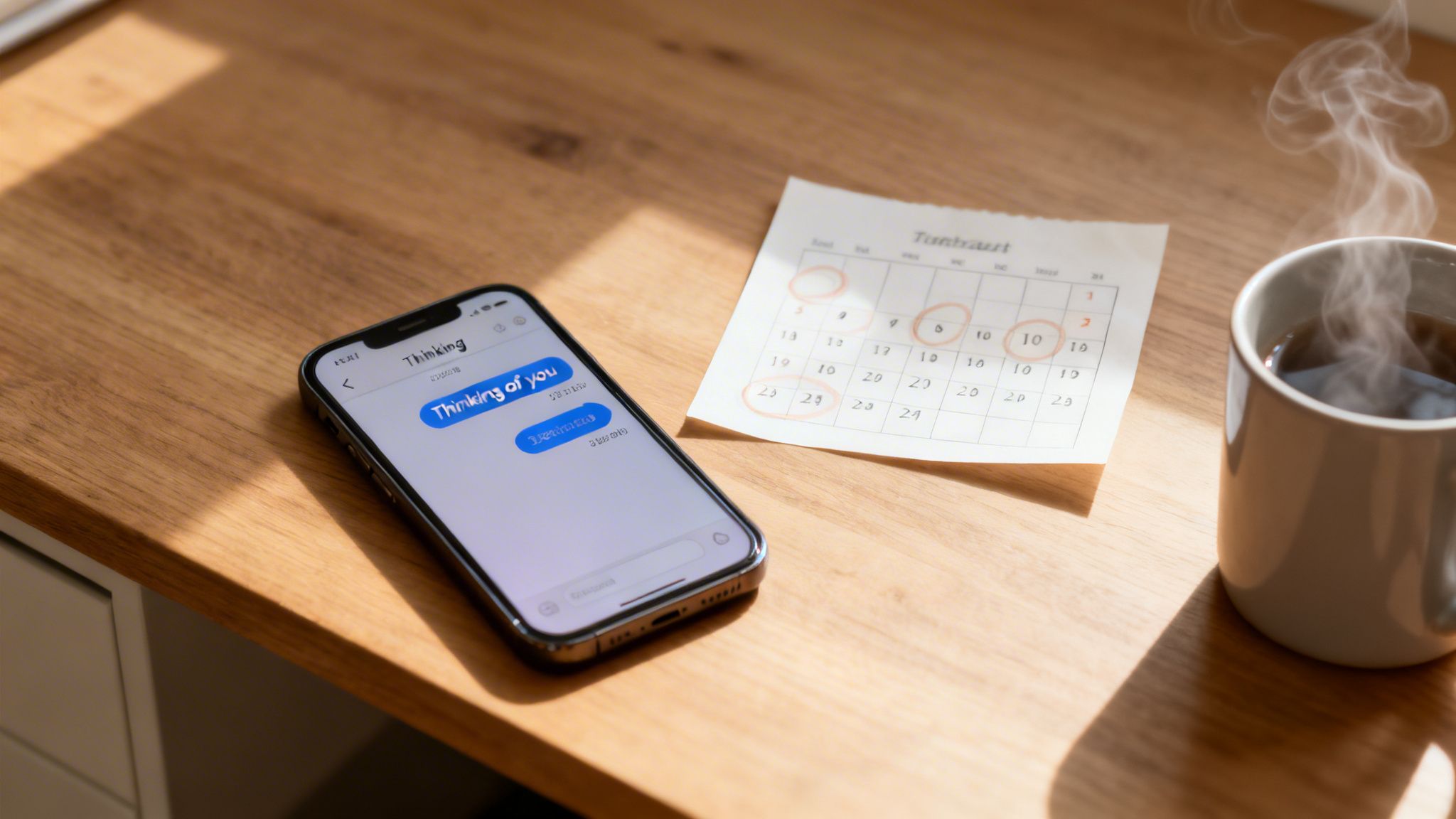 A smartphone showing a message on a wooden desk next to a coffee mug and calendar.