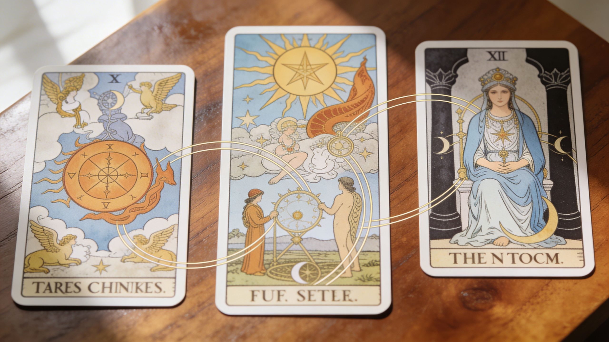 Three artistic tarot cards placed on a wooden surface, displaying mystical symbols and celestial imagery.
