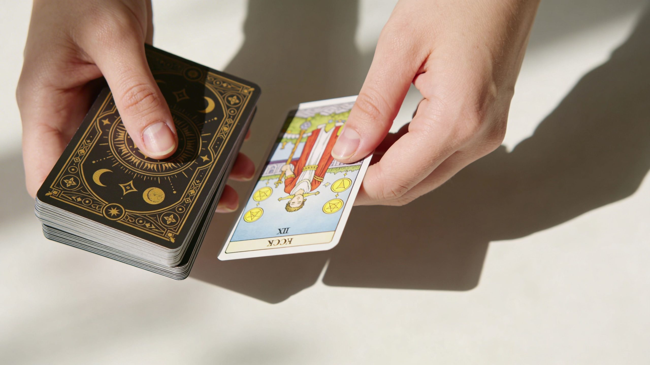 A pair of hands holding a deck of tarot cards and revealing the reversed nine of pentacles card.