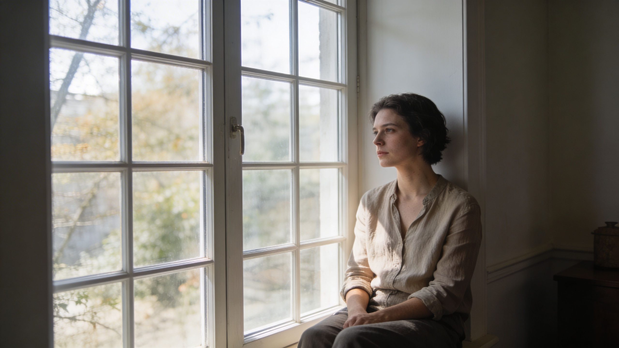 A contemplative young person with short dark hair sitting by a bright window, looking thoughtfully outside.