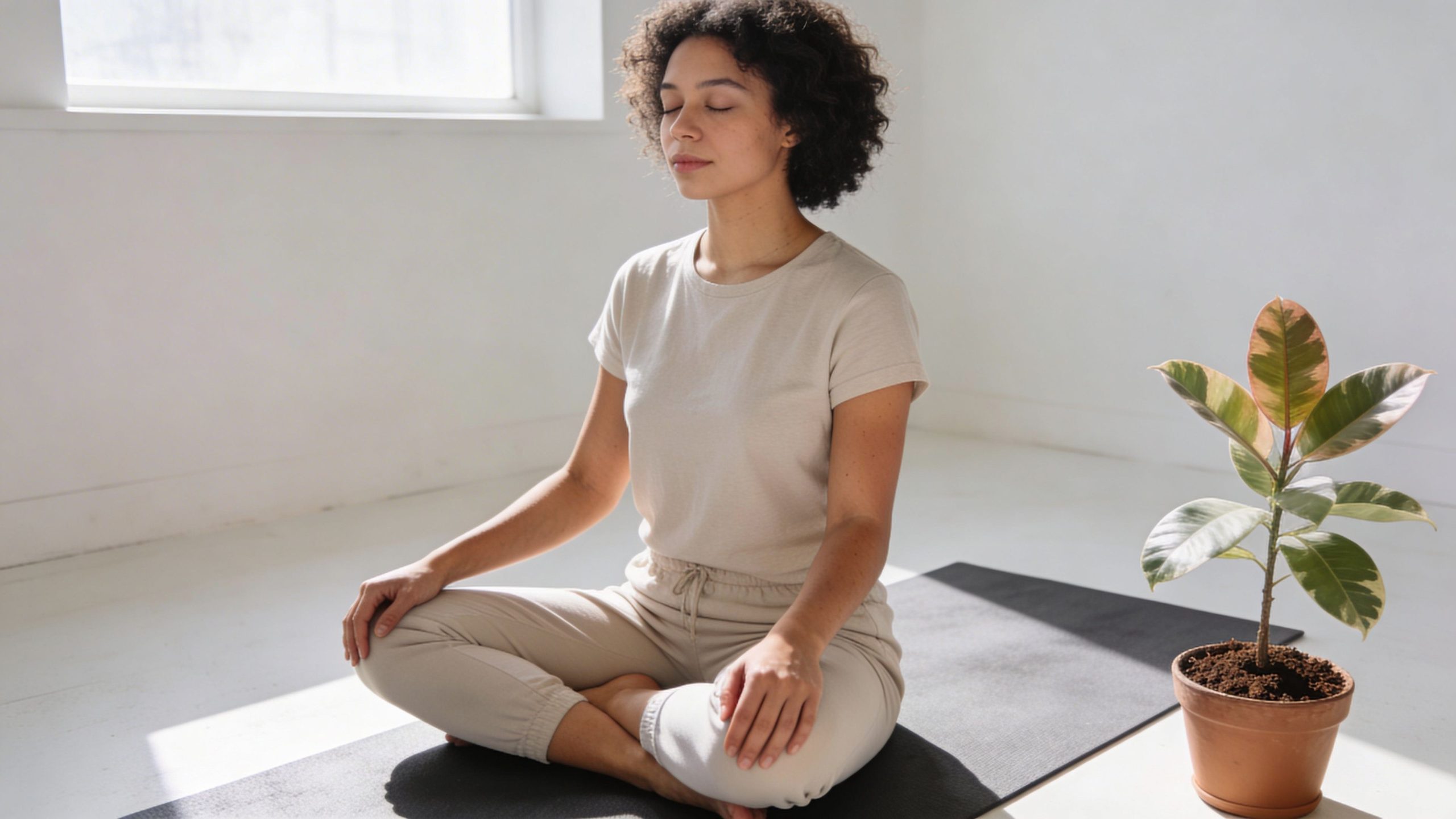 A young woman with curly hair meditating while sitting in a cross-legged position on a yoga mat