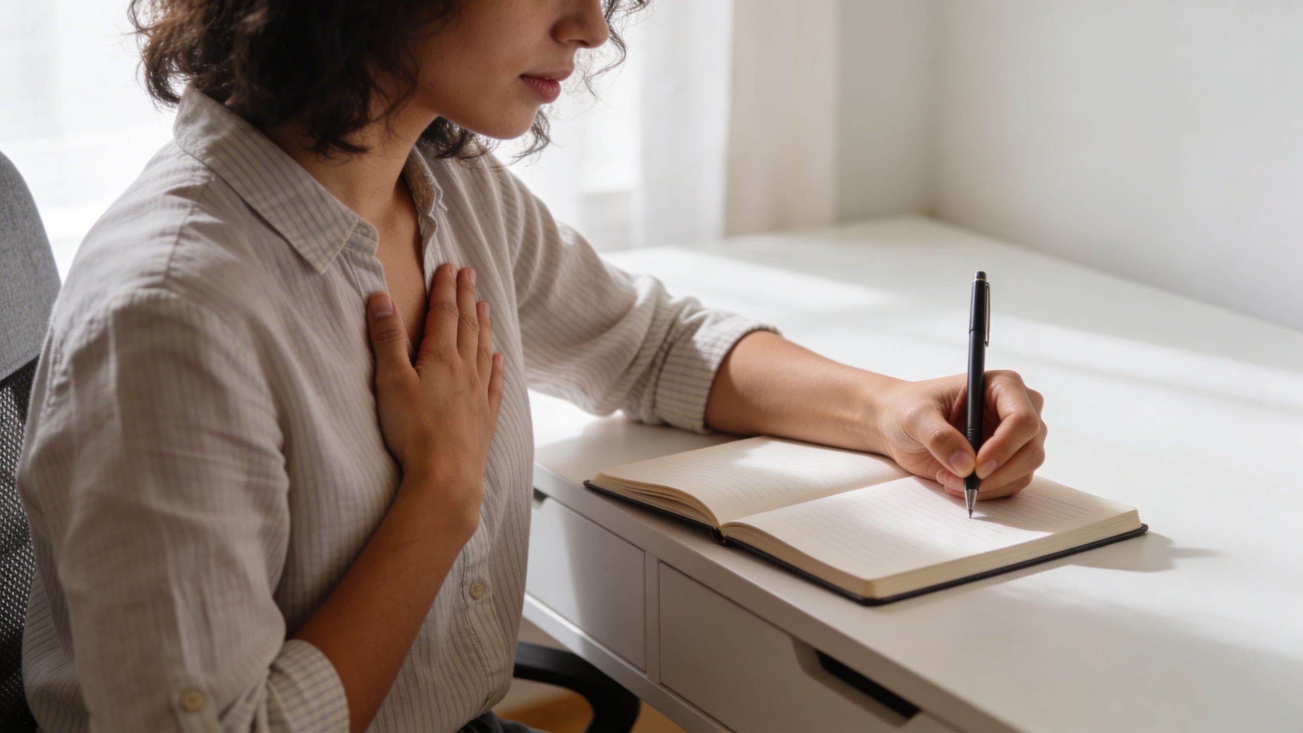 A woman with wavy hair writing in a journal while sitting at a white desk.