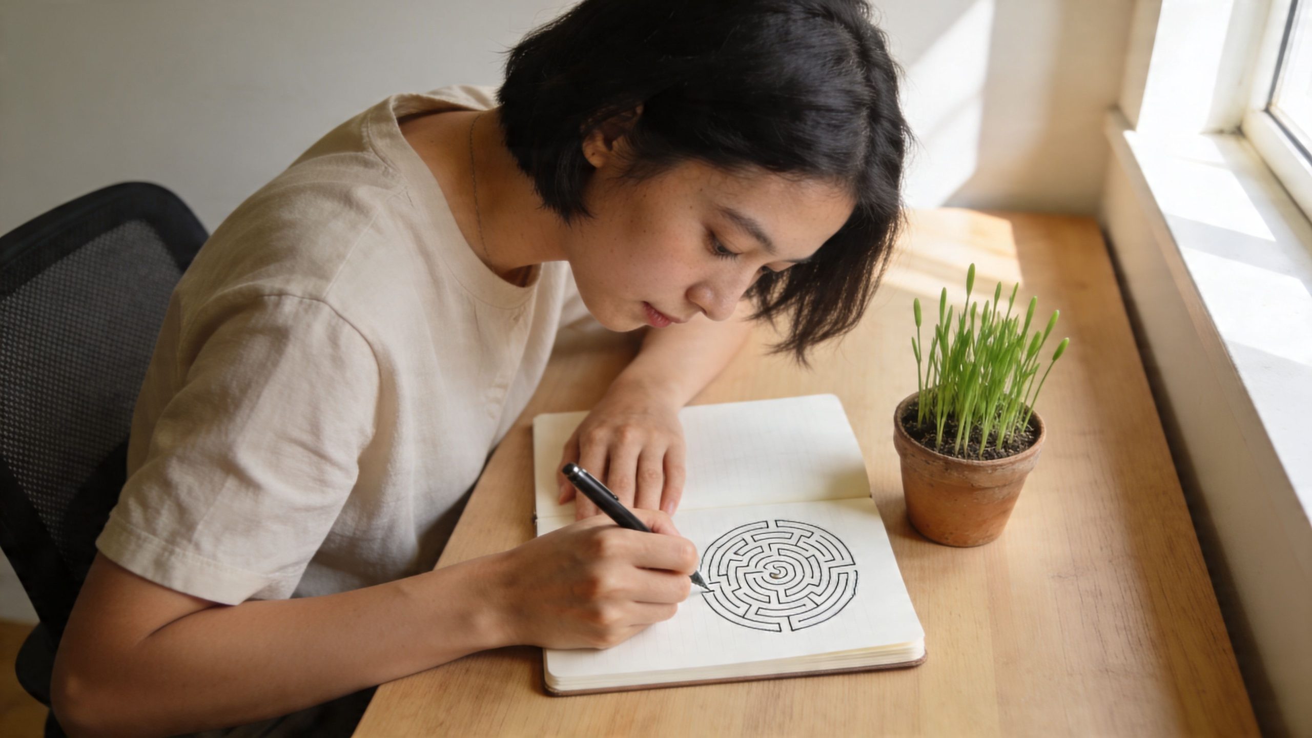 A young woman sits at a wooden desk drawing a circular maze in an open notebook.