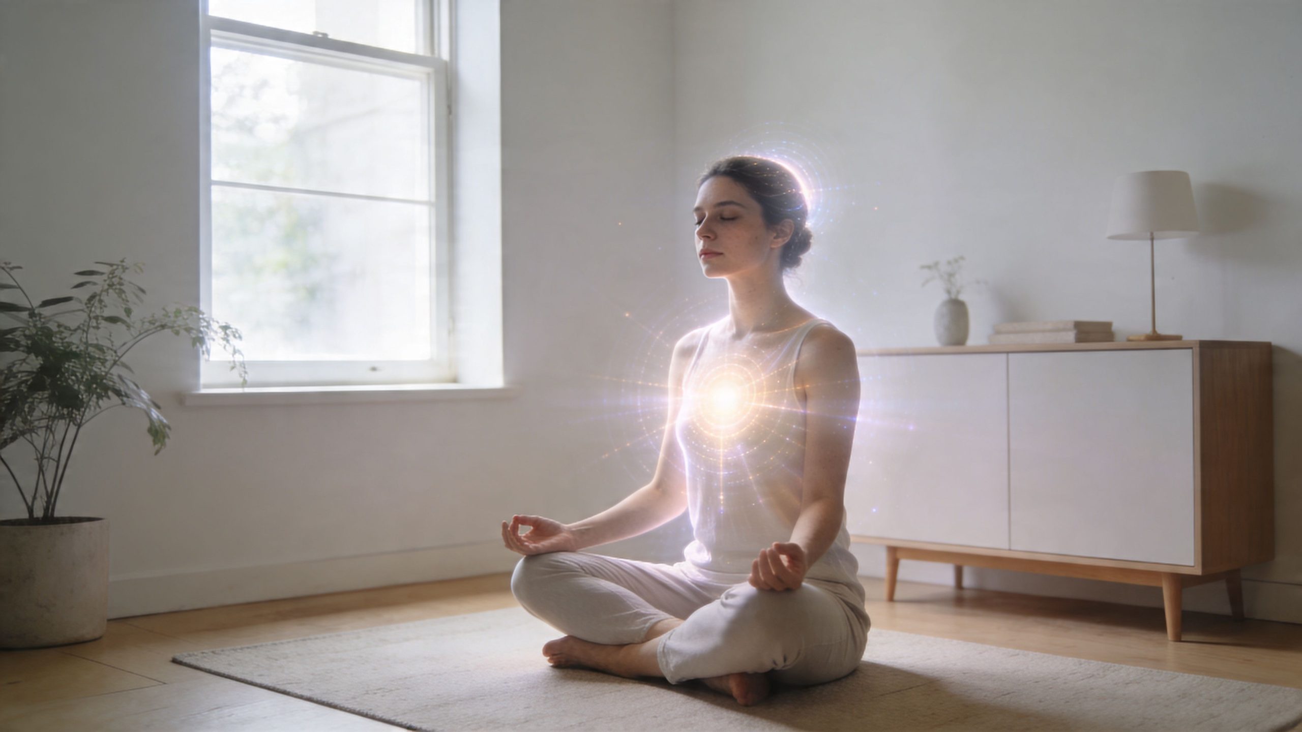 A woman meditating on the floor with a glowing light radiating from her chest, representing intuition.