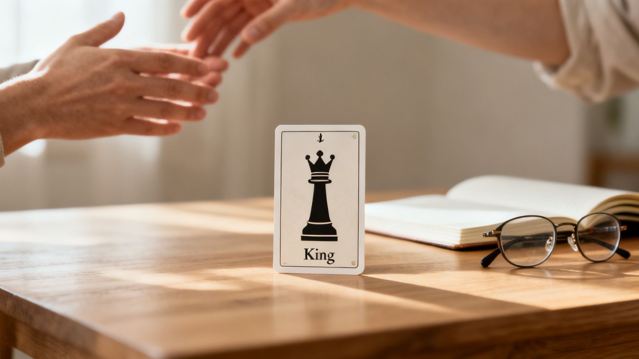 Hands reaching across a wooden table towards a card depicting a chess king, with a book and glasses.