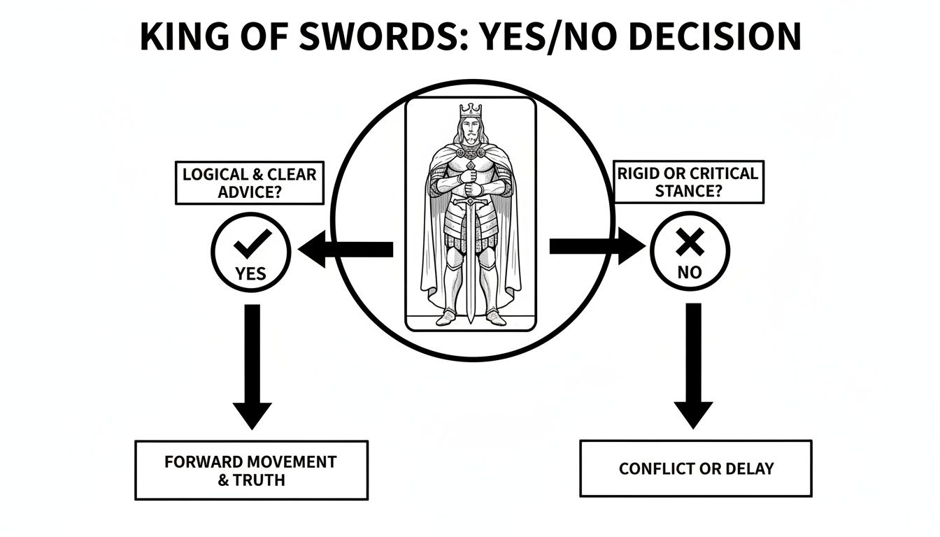 A decision diagram featuring the King of Swords tarot card, showing paths for logical advice or rigid stance.