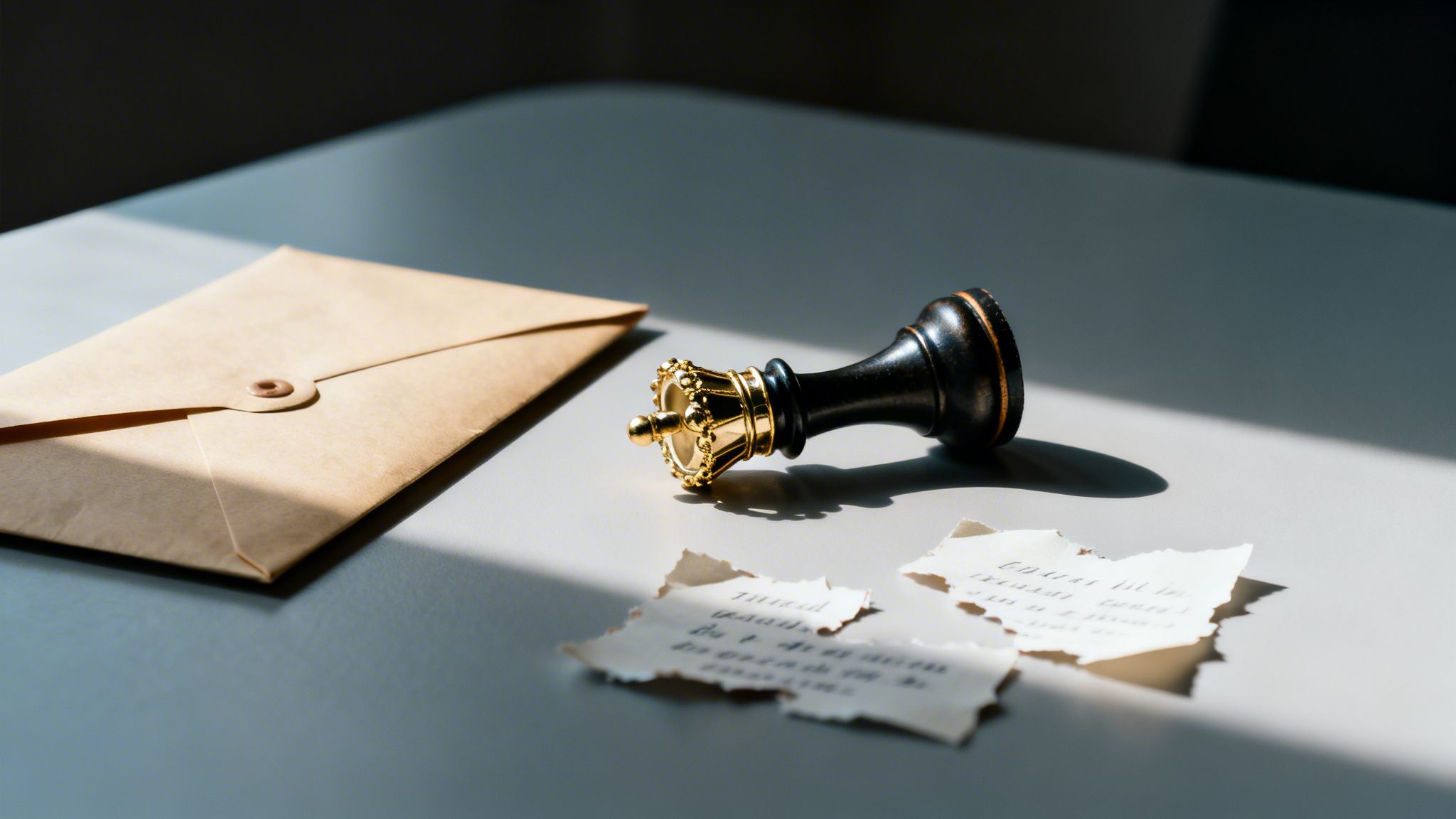 A black and gold chess queen lies fallen next to an envelope and torn papers.