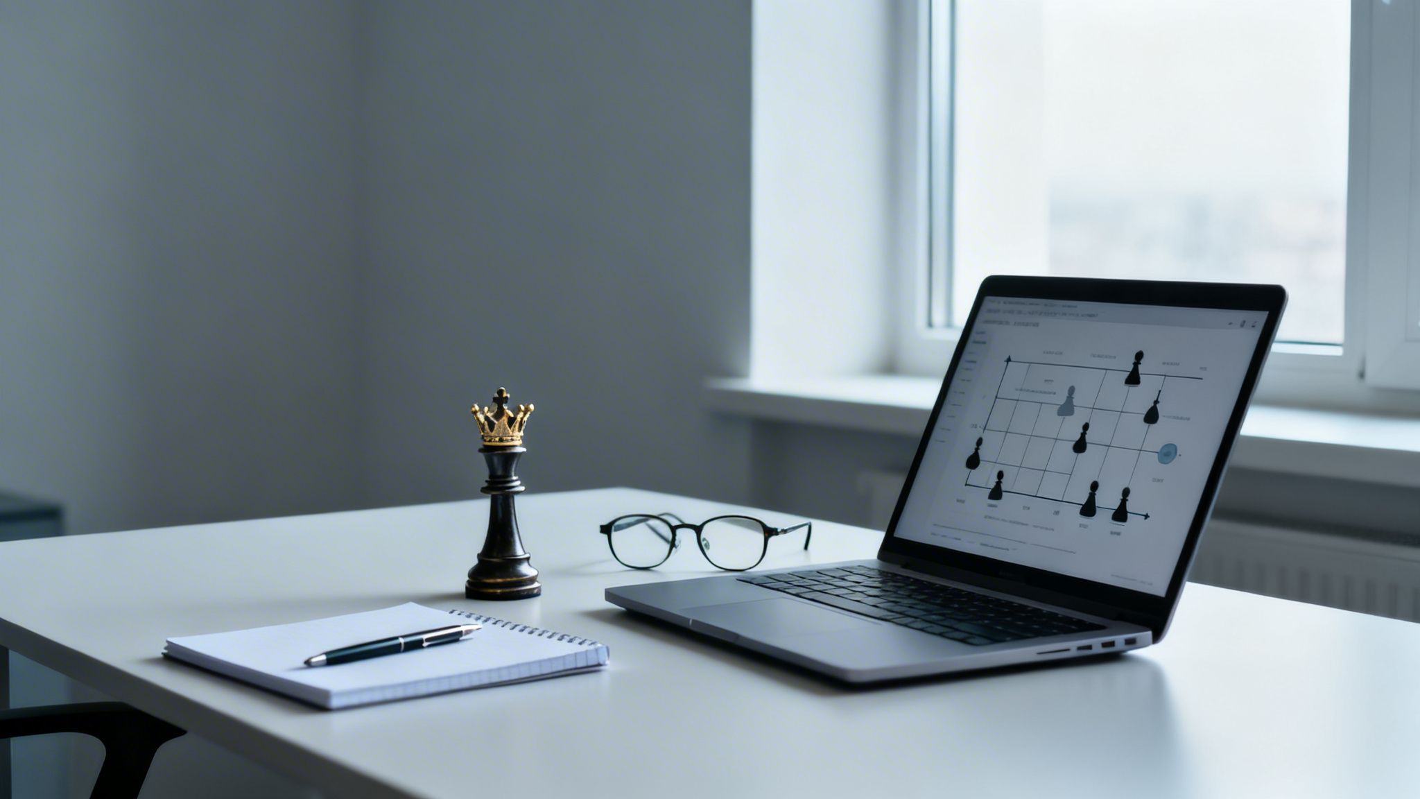 A desk setup featuring a chess king, laptop with a strategic chart, glasses, and notebook.