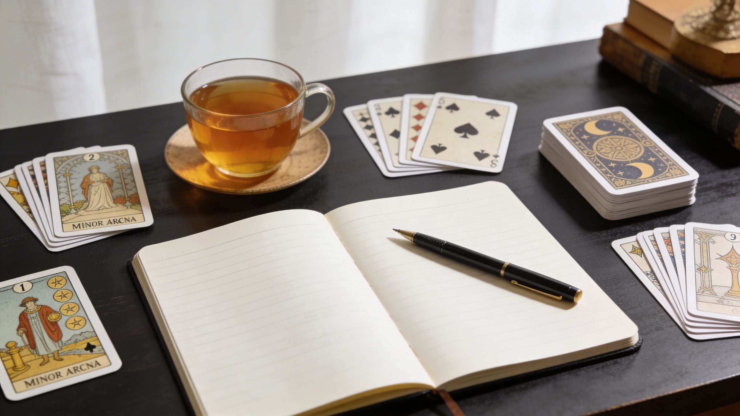 An open journal with a pen on a dark desk beside tarot cards and a tea cup.