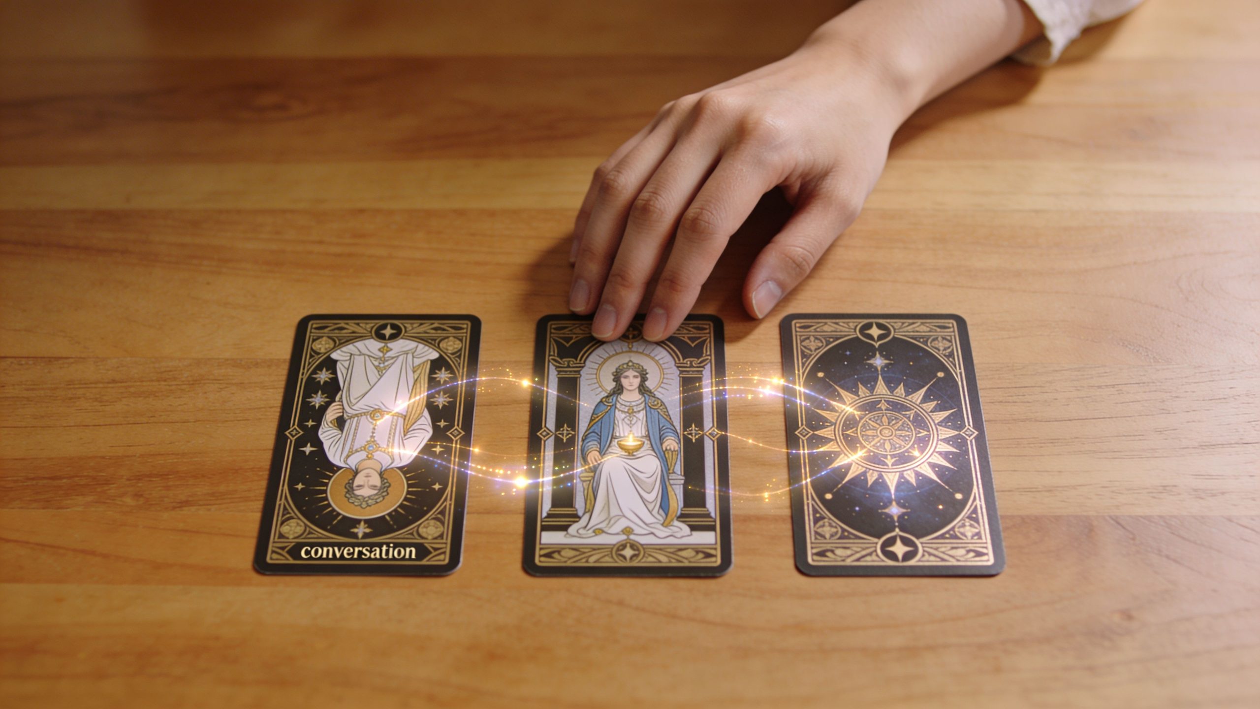 A person's hand reaches toward three tarot cards laid out on a wooden table with magical light effects.
