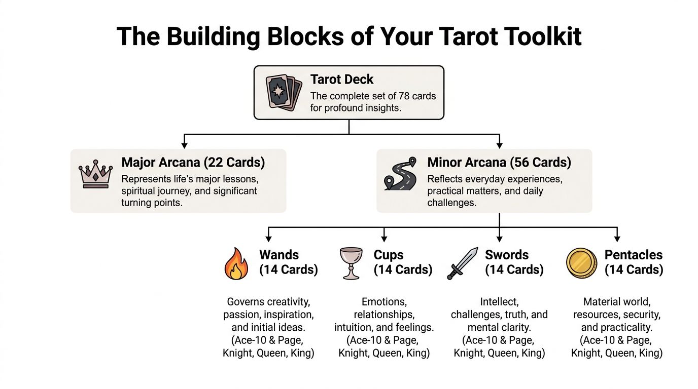 A diagram outlining the structure of a 78-card tarot deck, showing Major and Minor Arcana divisions.