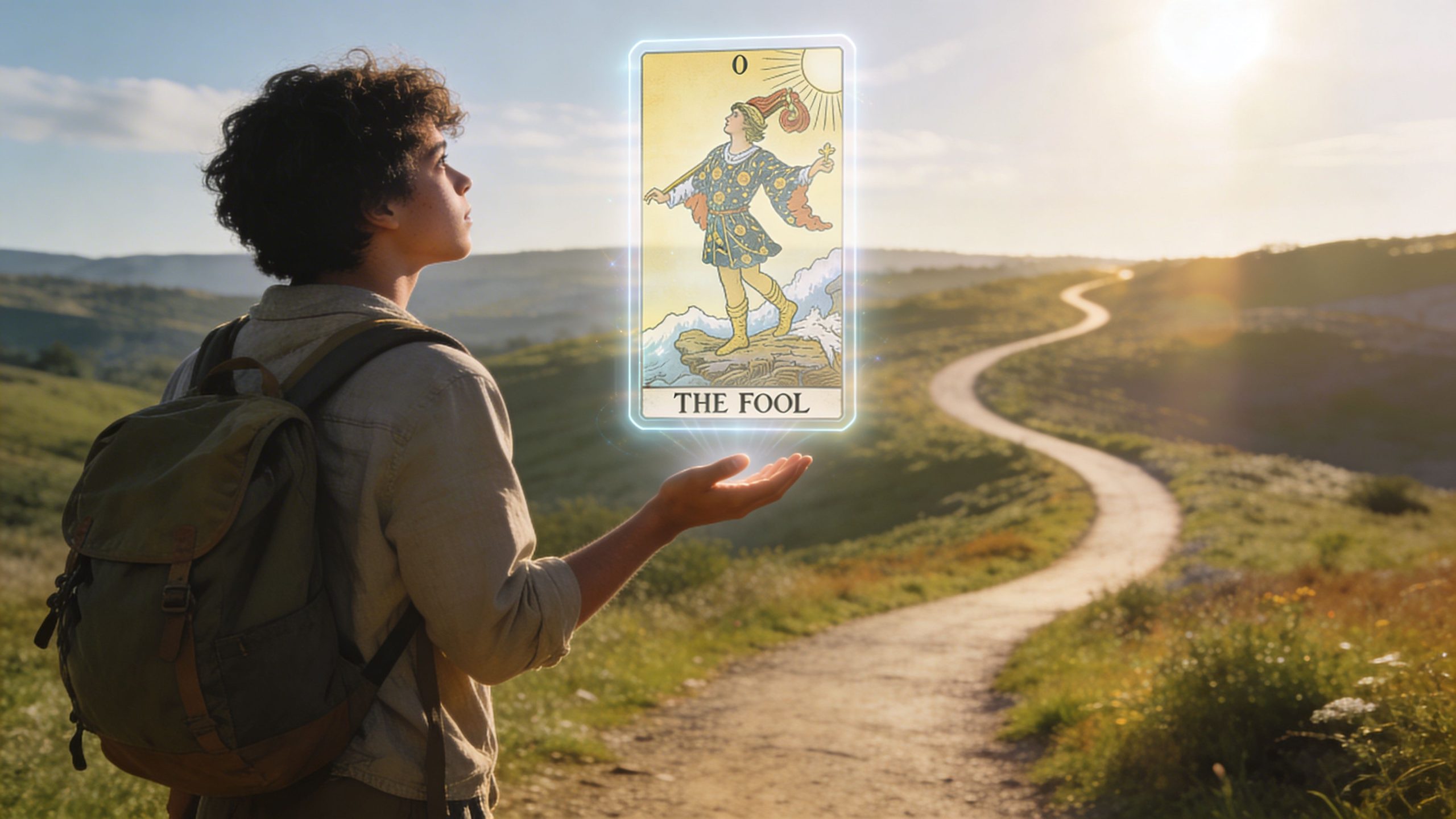 A young traveler with a backpack looks at a glowing tarot card of The Fool in his palm.