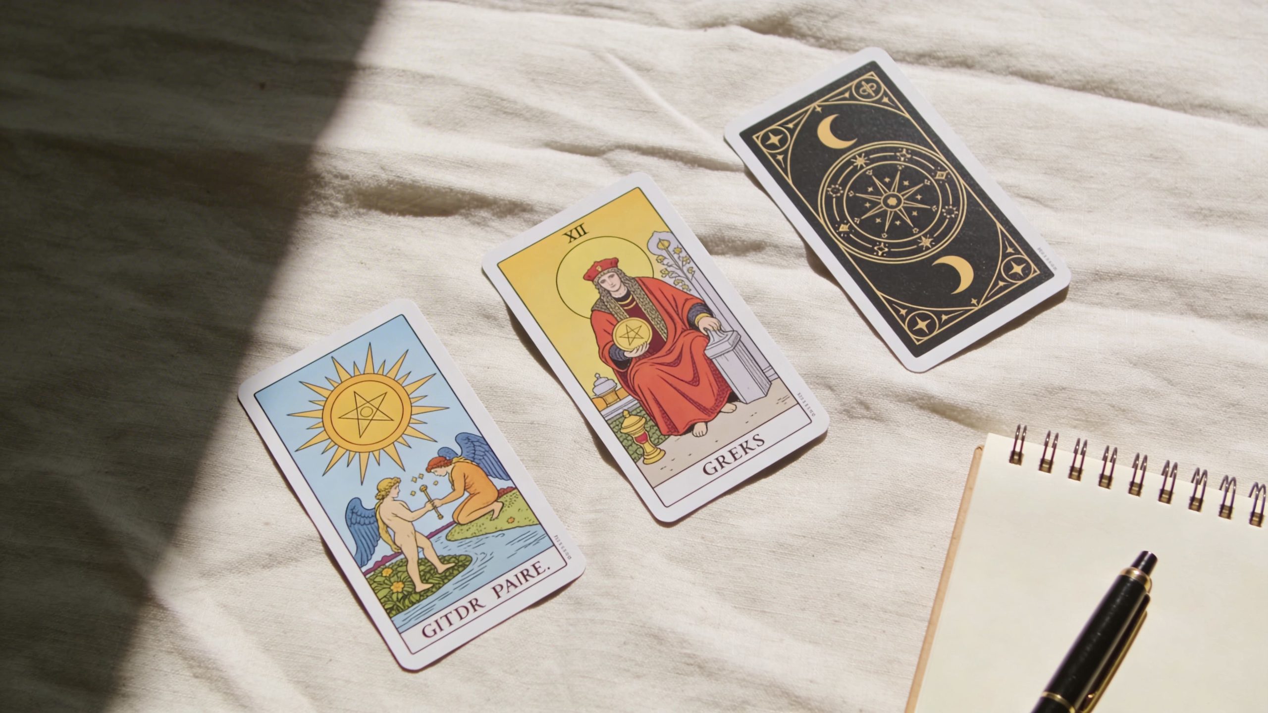 A tarot spread for decision making featuring three cards laid out on a beige cloth near a notebook.