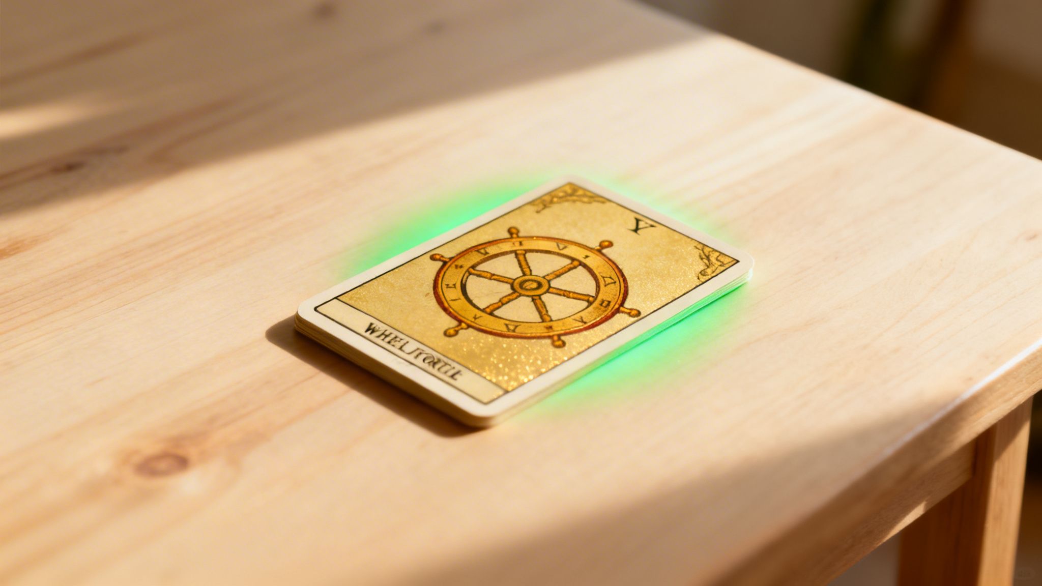 A Wheel of Fortune tarot card glowing with green light, resting on a light wooden table.