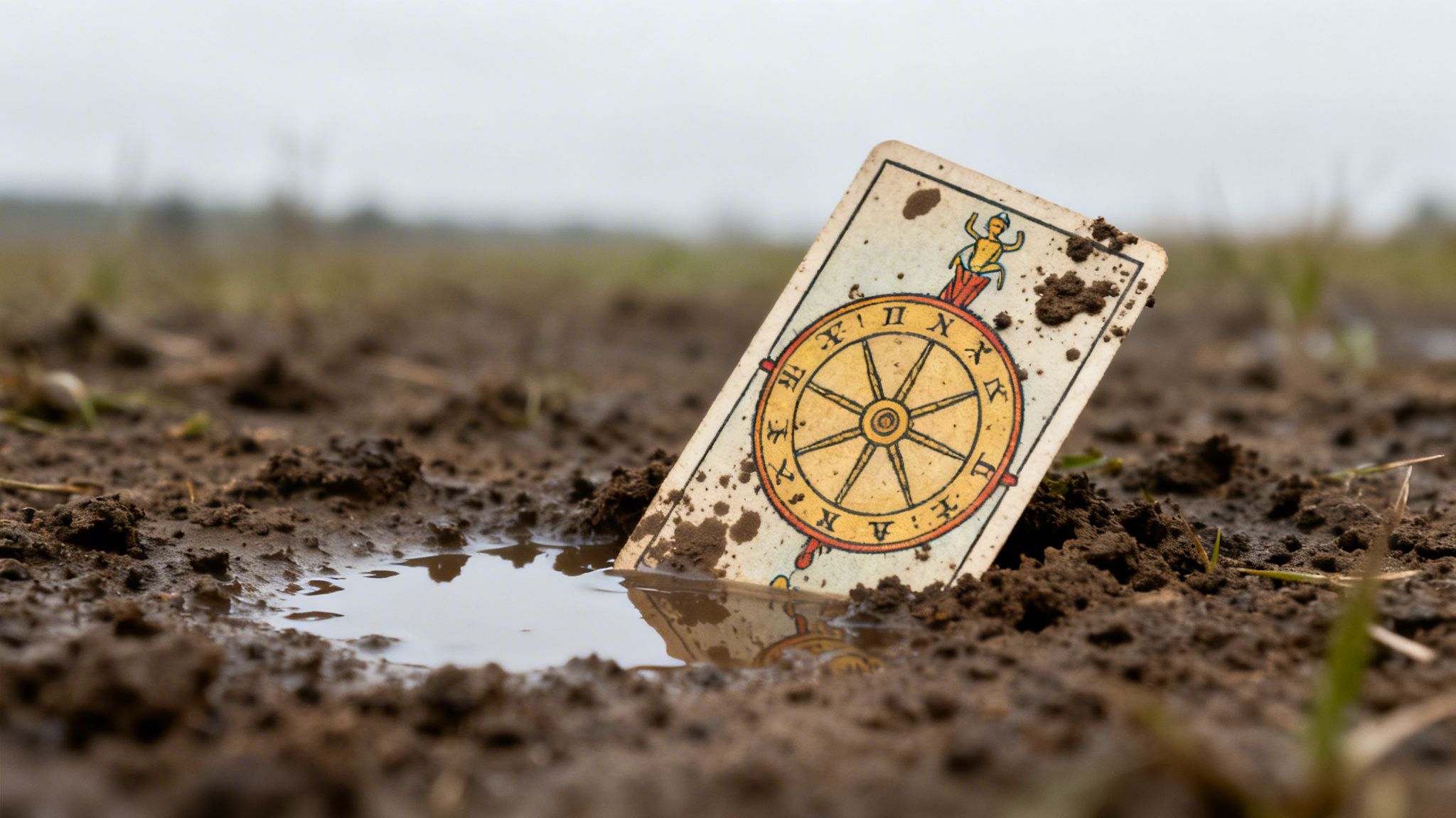 A dirty Wheel of Fortune tarot card partially submerged in mud and water in an outdoor setting.