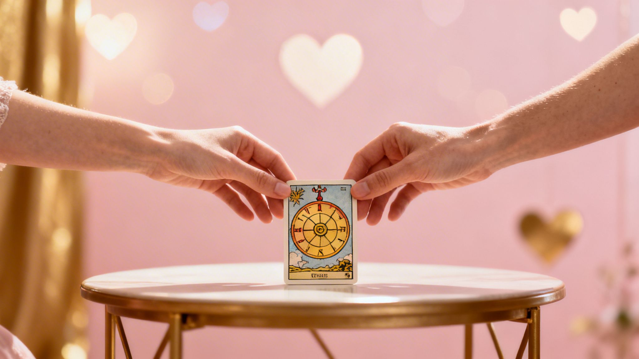 Two hands reaching for a Wheel of Fortune tarot card on a table with a pink, heart-themed background.